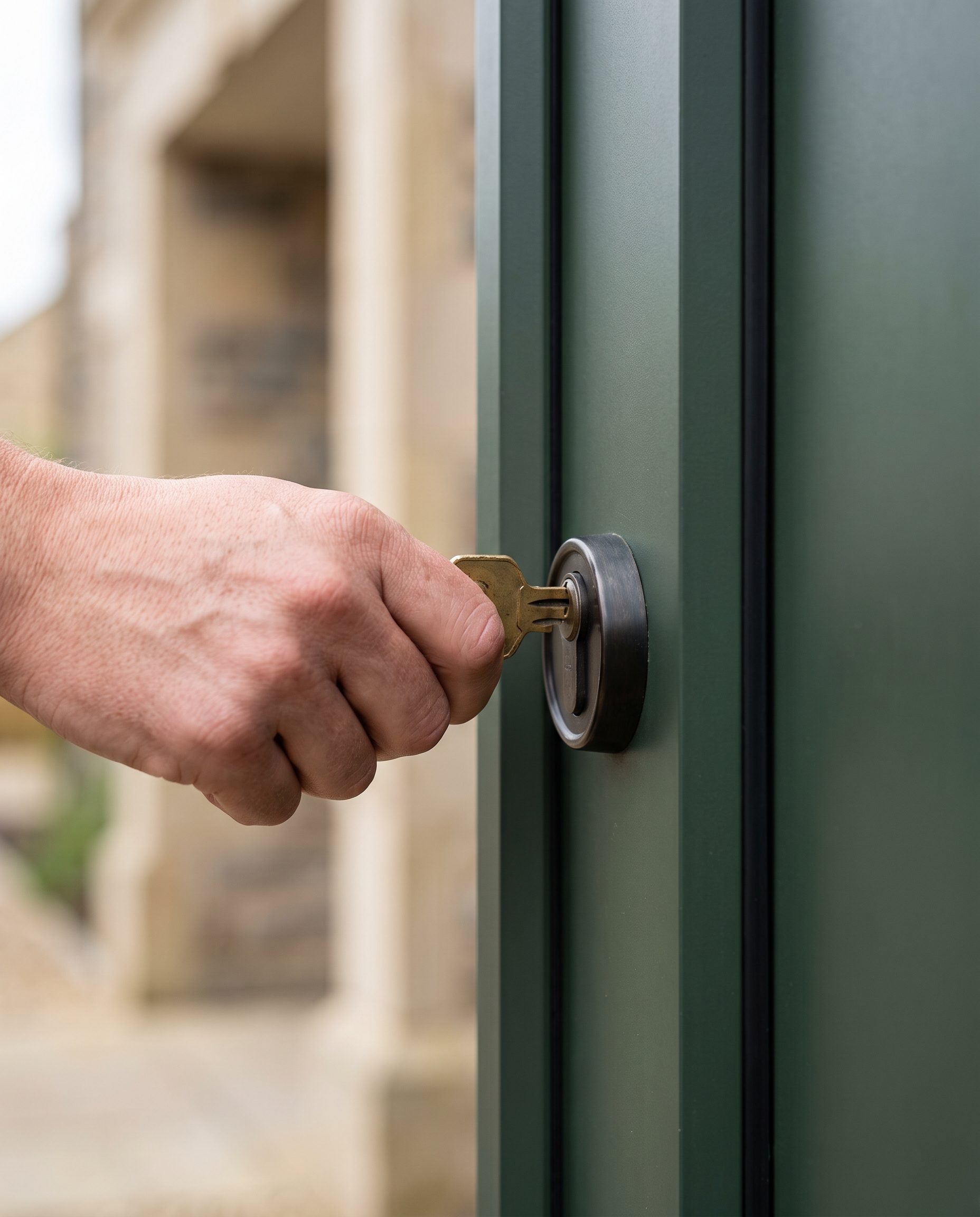 Schlüssel im Türschloss eines gepflegten Gebäudeeingangs – vertrauensvoller Zugang zu Ihrem Objekt